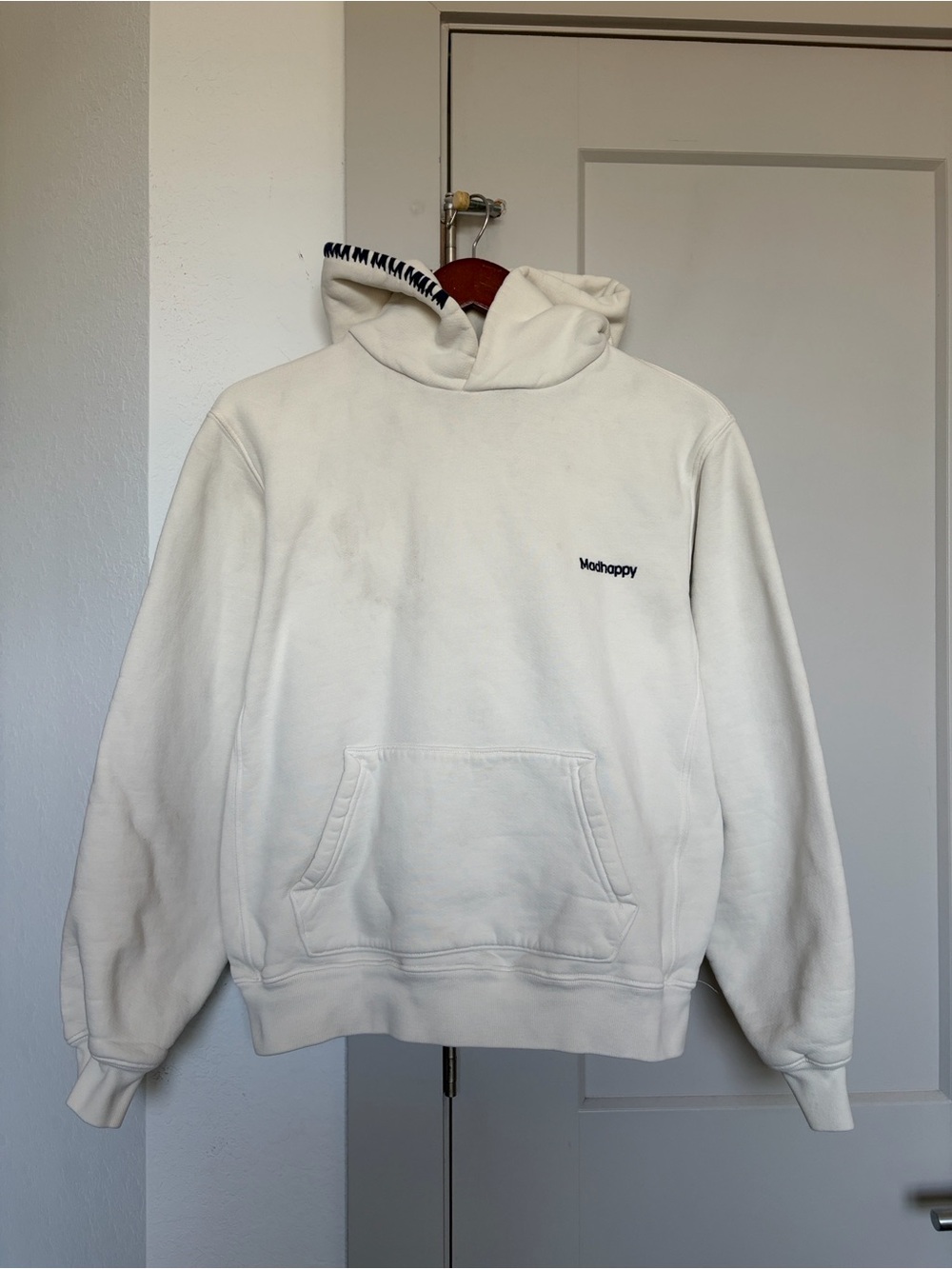 MADHAPPY CLASSIC FLEECE HOODIE WHITE NAVY WOMEN’S SMALL - Picture 3 of 14
